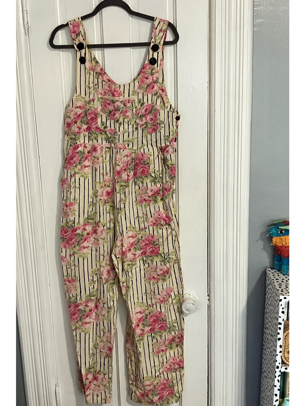 April Cornell Cream Striped overalls Pink Floral Print - Picture 12 of 14